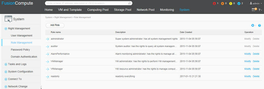 FusionCompute system role management screenshot online lab